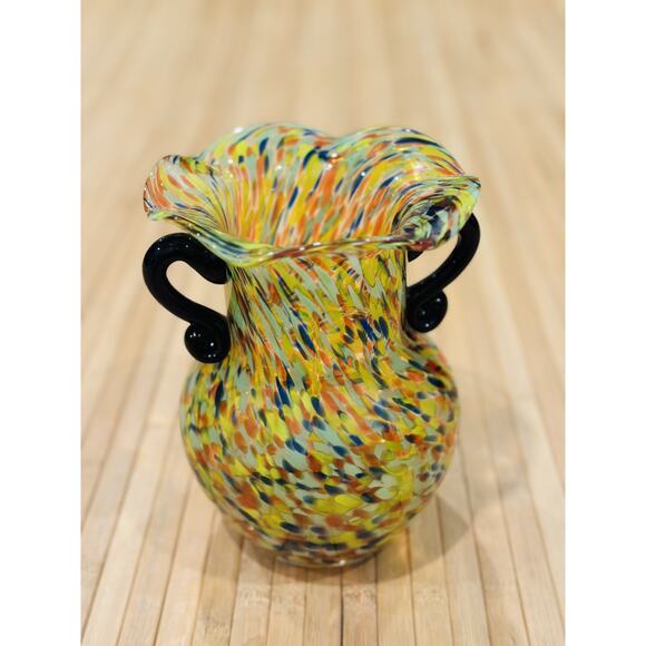 Confetti Murano Style Vase Speckled Ruffled 7 1/2" W/ Handles Exquisite HTF - Picture 1 of 10